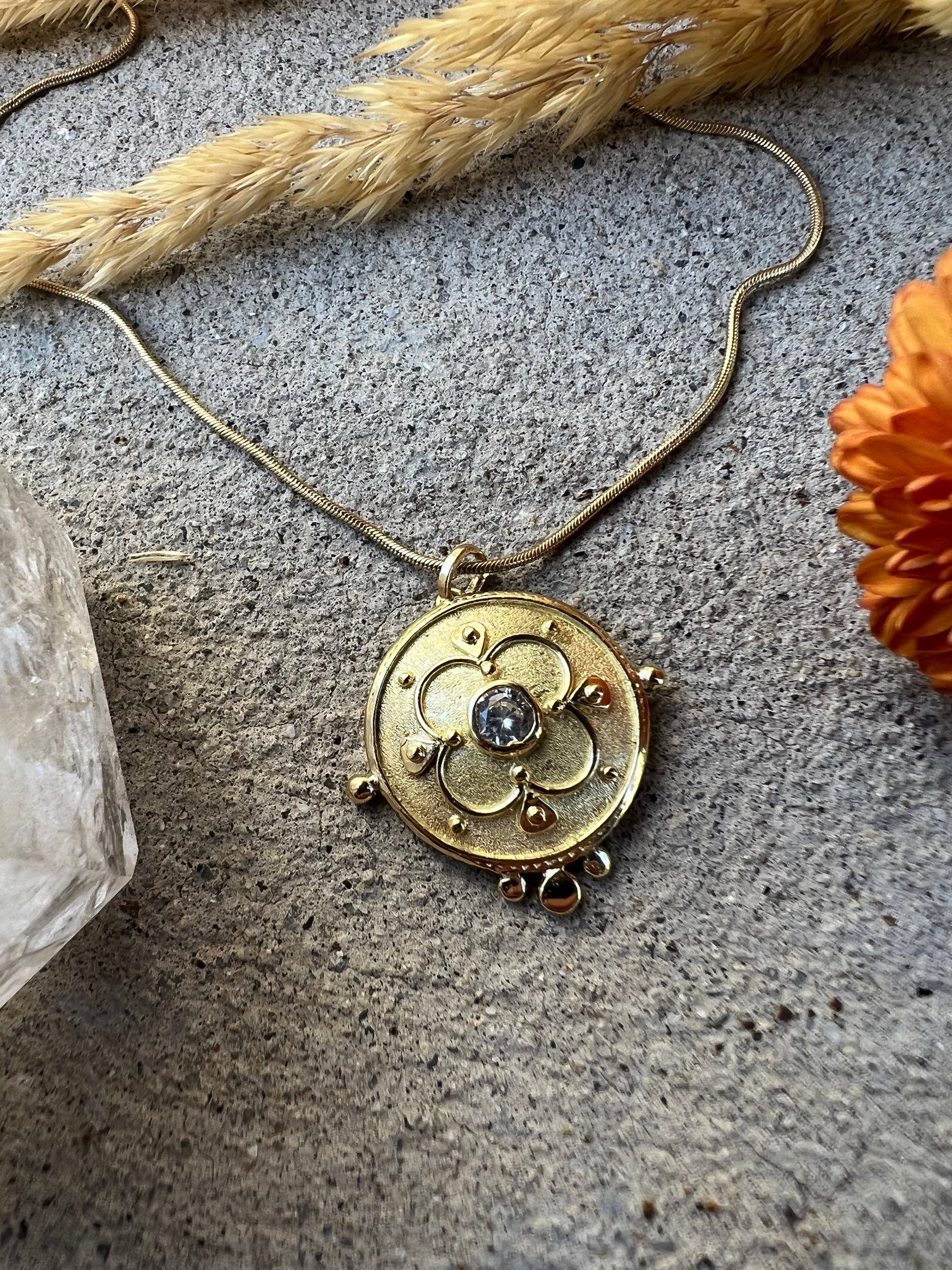 Delicate 18k gold and diamond necklace with rustic charm. Perfect for any woman. Unique and exquisite, ideal for holiday gifting.