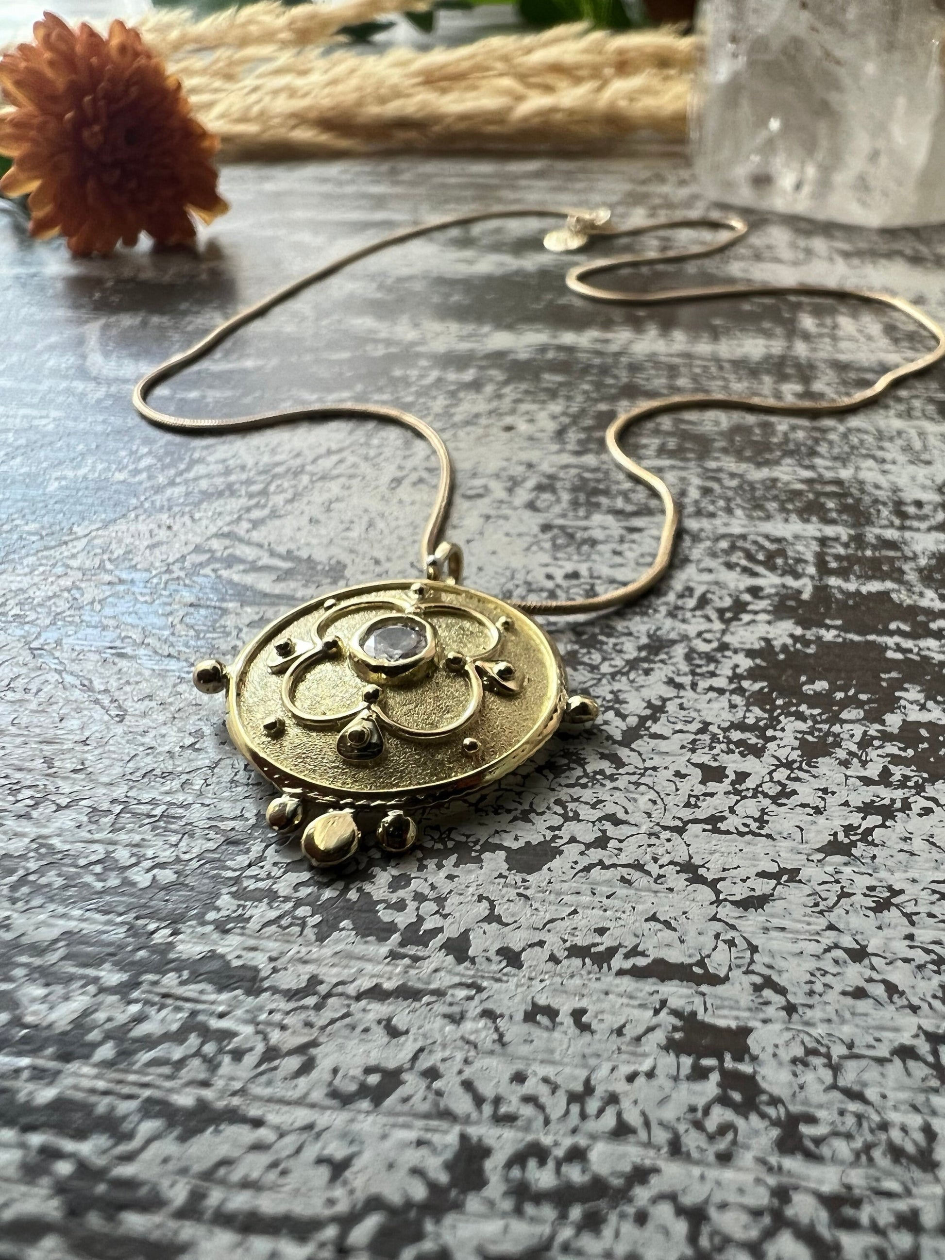 Delicate 18k gold and diamond necklace with rustic charm. Perfect for any woman. Unique and exquisite, ideal for holiday gifting.