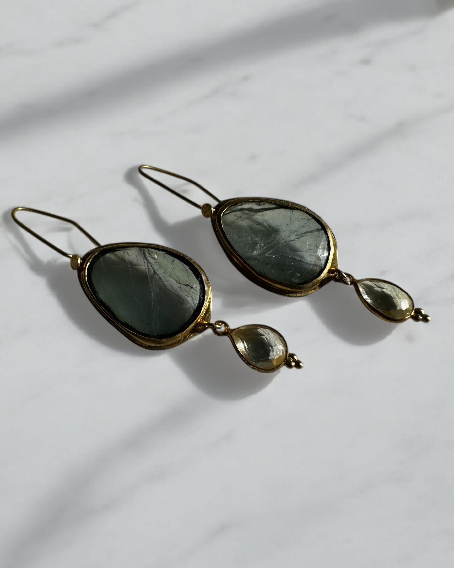 Grey-Green Tourmaline & Crystal Quartz Dangle Earrings – Nature’s Elegance with a Touch of Clarity