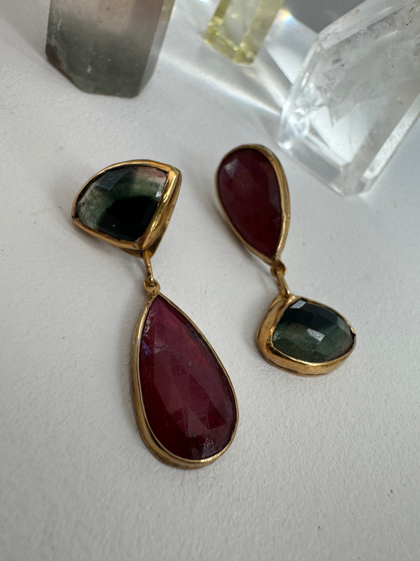 Asymmetrical Dangle Watermelon Tourmaline & Pink Sapphire Earrings: Unique Elegance in Every Detail