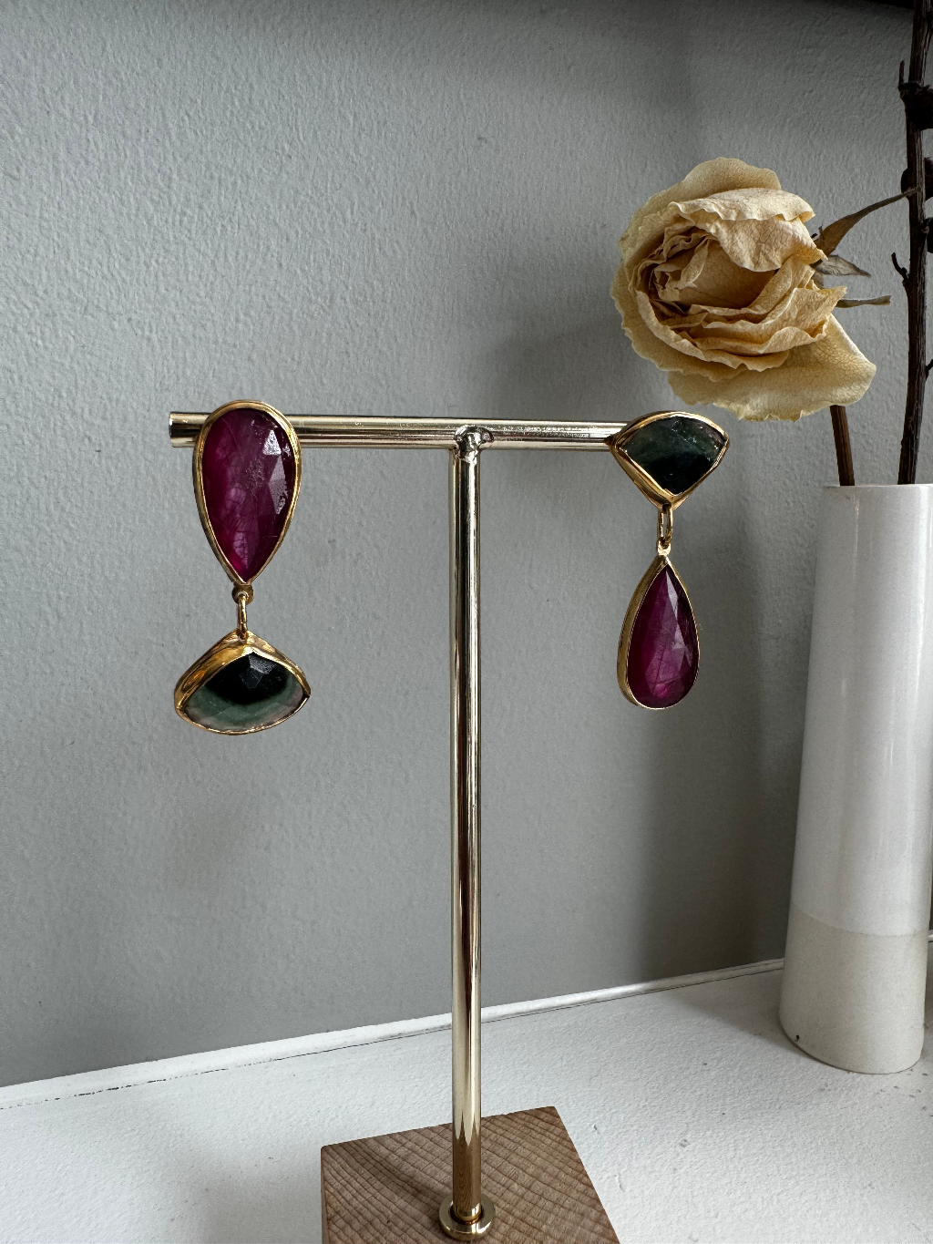 Asymmetrical Dangle Watermelon Tourmaline & Pink Sapphire Earrings: Unique Elegance in Every Detail