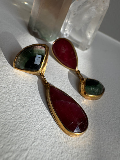 Asymmetrical Dangle Watermelon Tourmaline & Pink Sapphire Earrings: Unique Elegance in Every Detail