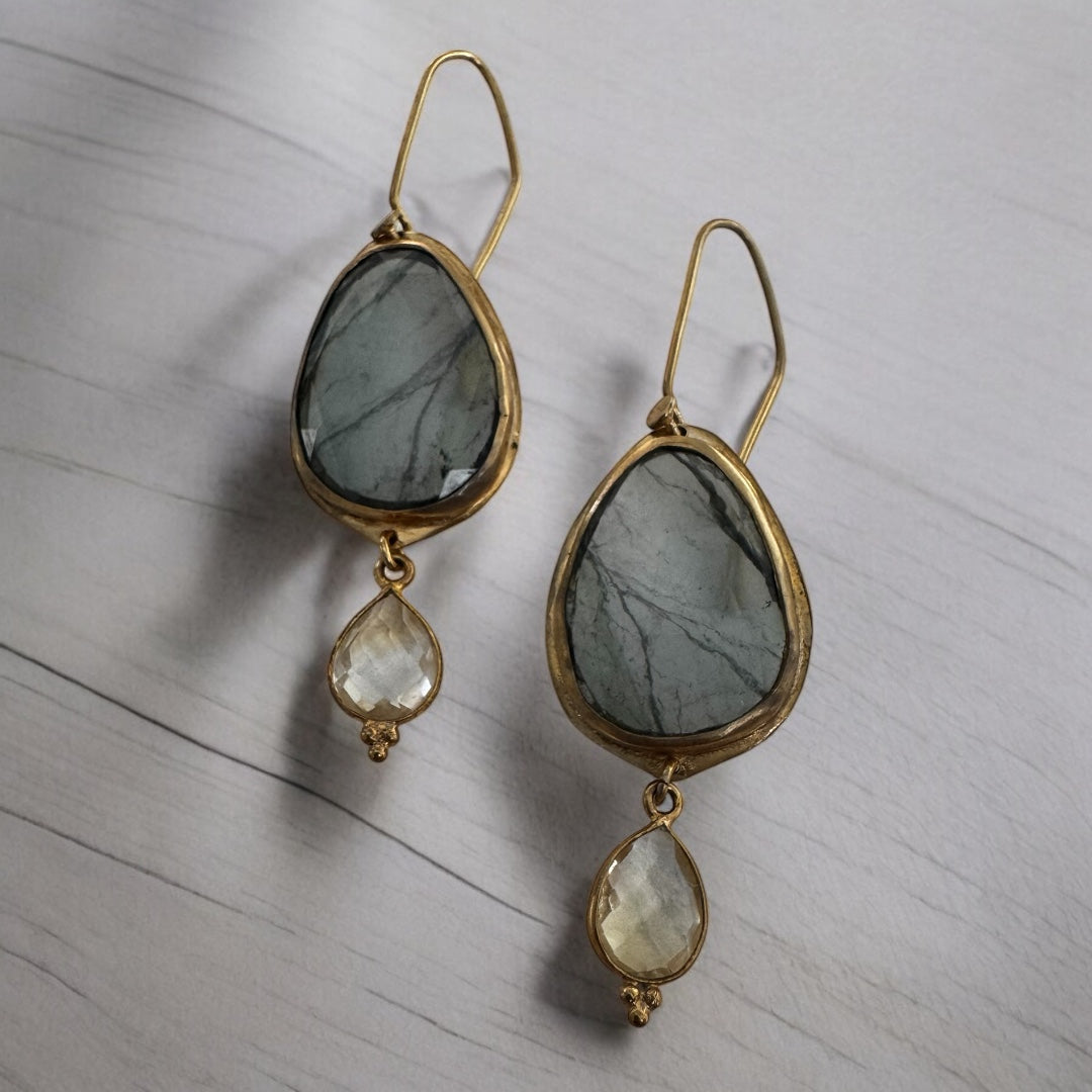 Grey-Green Tourmaline and Crystal Quartz Dangle Earrings – Gold-Plated Rosecut Jewelry