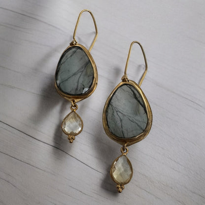 Grey-Green Tourmaline and Crystal Quartz Dangle Earrings – Gold-Plated Rosecut Jewelry