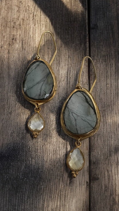 Grey-Green Tourmaline and Crystal Quartz Dangle Earrings – Gold-Plated Rosecut Jewelry