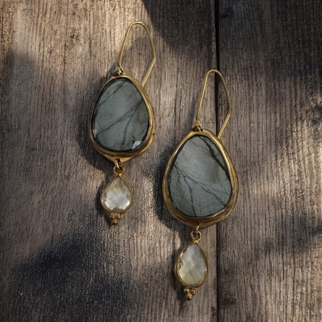 Grey-Green Tourmaline and Crystal Quartz Dangle Earrings – Gold-Plated Rosecut Jewelry