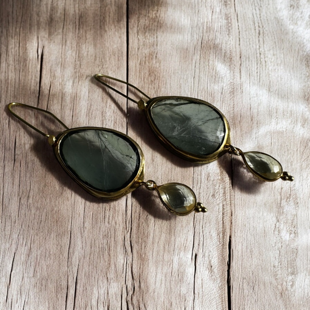 Grey-Green Tourmaline and Crystal Quartz Dangle Earrings – Gold-Plated Rosecut Jewelry