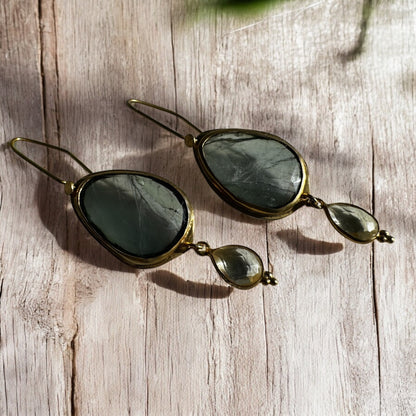 Grey-Green Tourmaline and Crystal Quartz Dangle Earrings – Gold-Plated Rosecut Jewelry