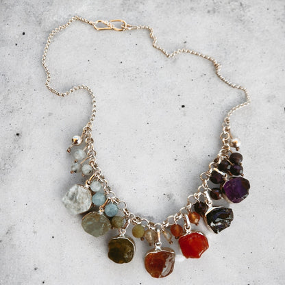 True Colors Necklace – Raw Moonstone, Aquamarine, Peridot, Citrine, Carnelian, Garnet & Amethyst