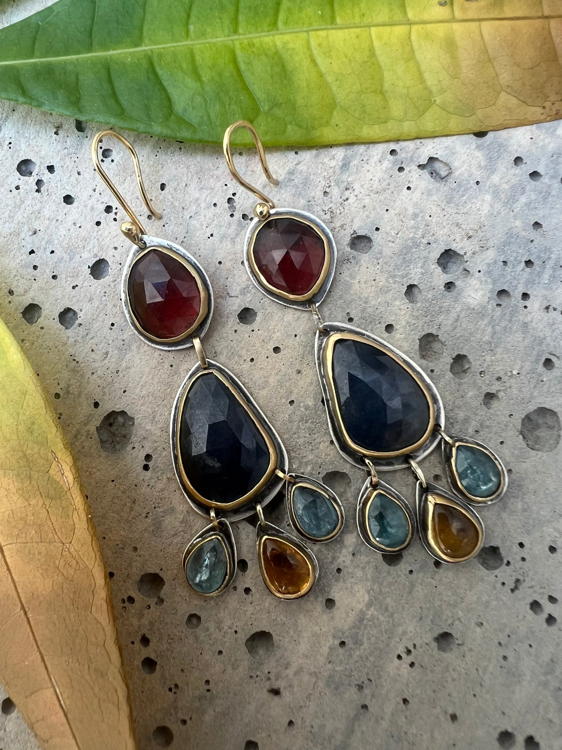 Lightweight 22k gold and silver earrings with maximum impact. Choose your gemstone for these stylish 66mm drop earrings