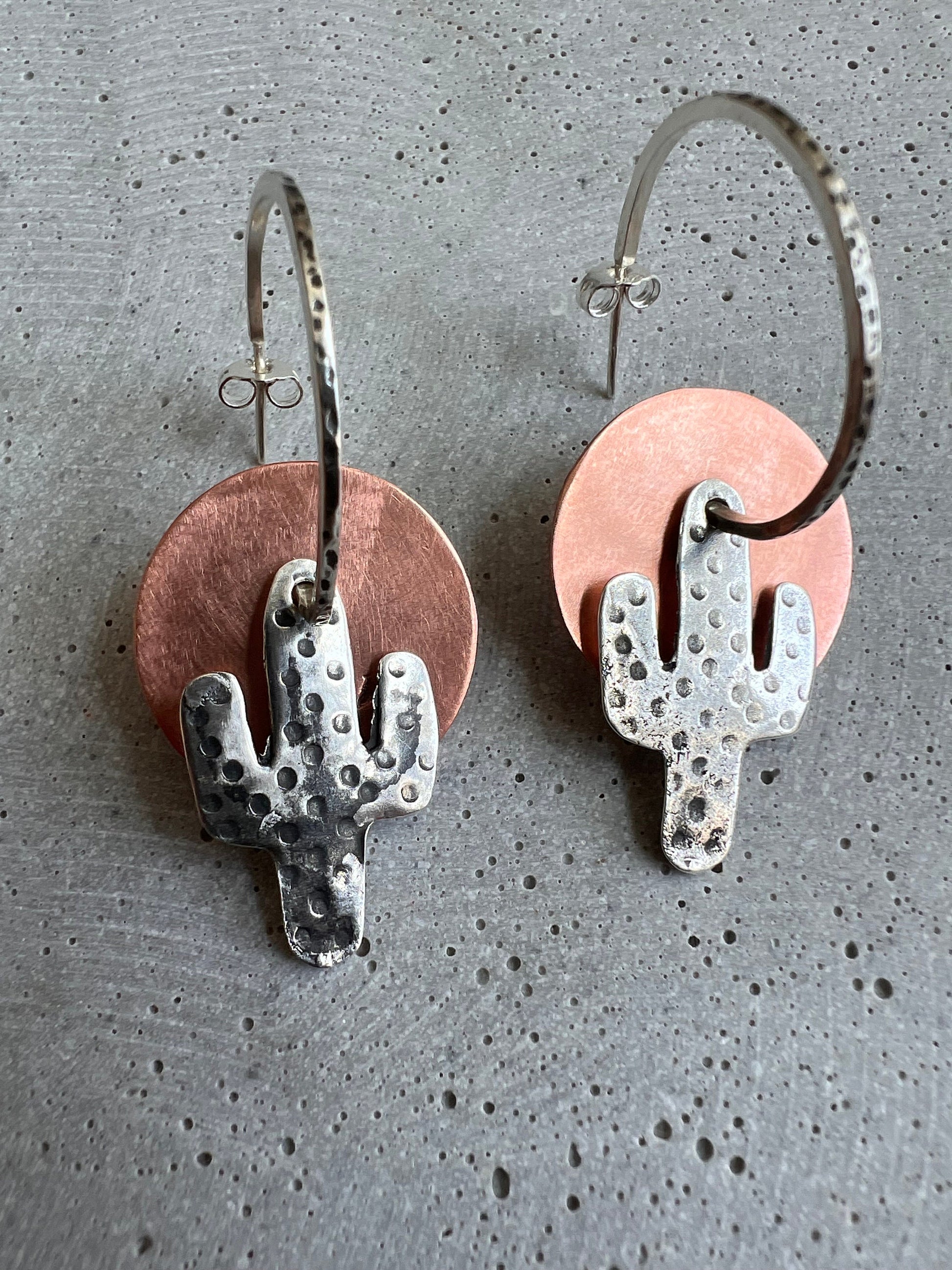 Handcrafted Cactus dangle earrings. Silver and copper.