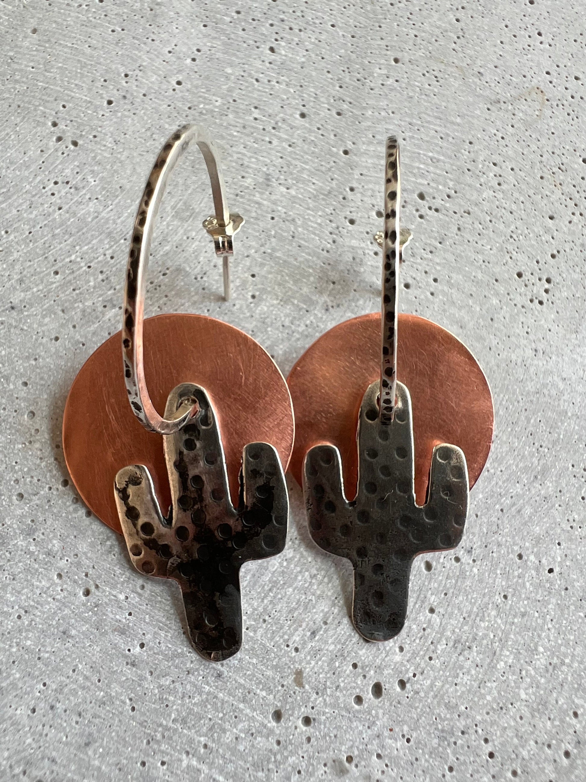 Handcrafted Cactus dangle earrings. Silver and copper.