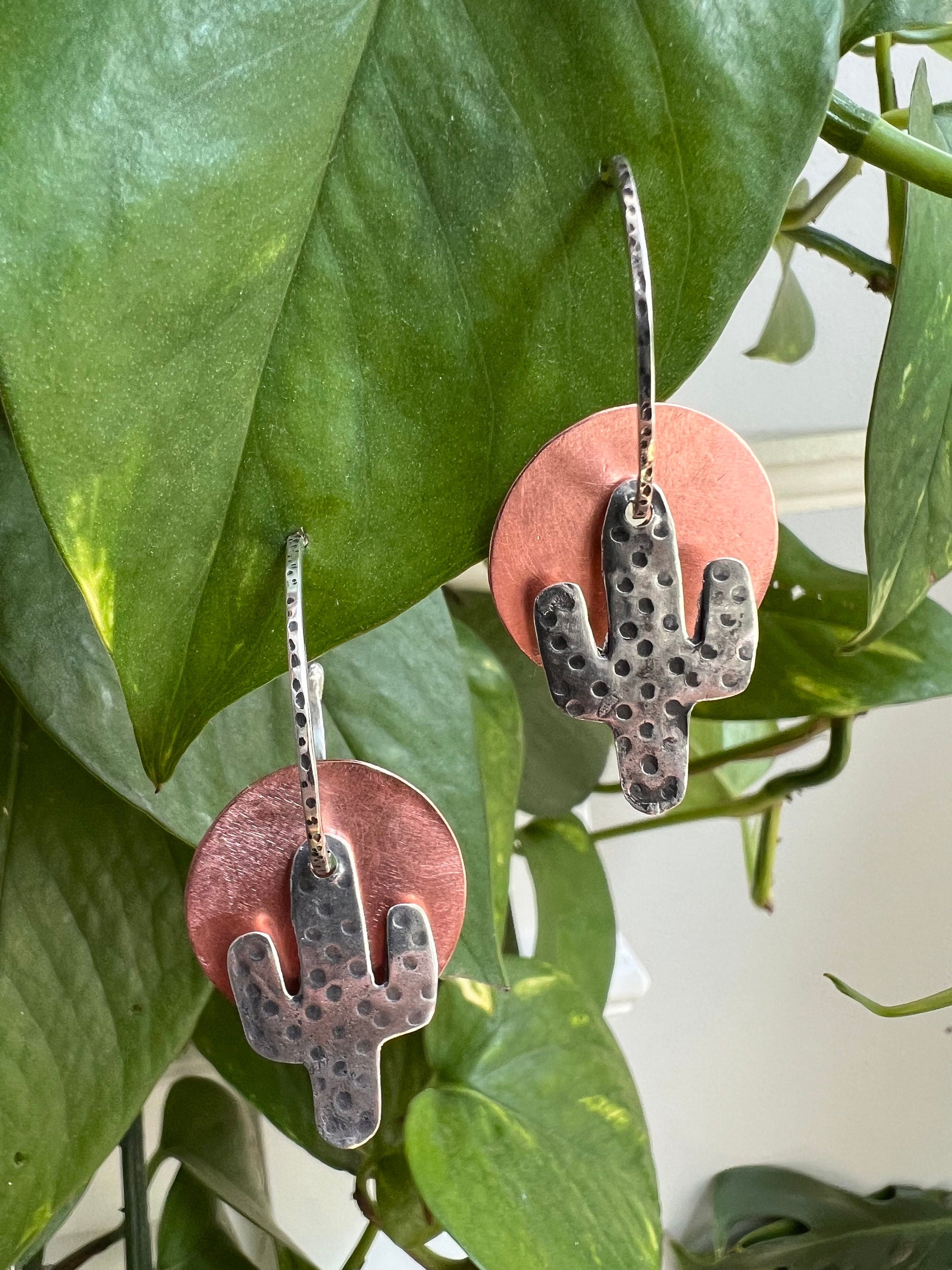 Handcrafted Cactus dangle earrings. Silver and copper.