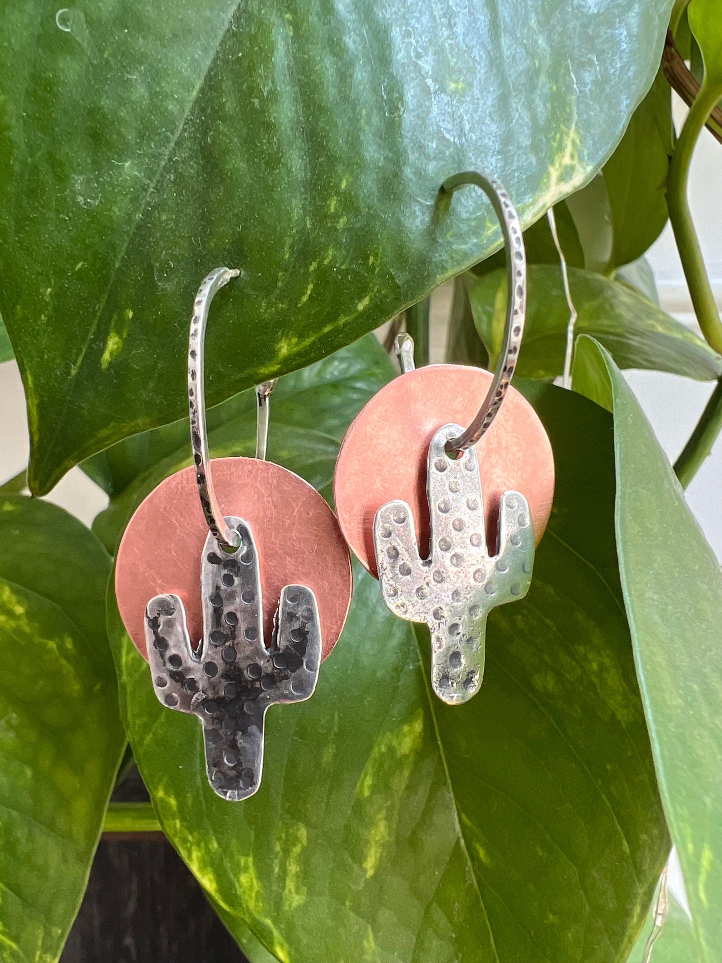 Handcrafted Cactus dangle earrings. Silver and copper.